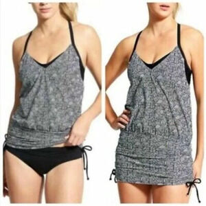 Athleta Laguna Side Tie Scrunch Tankini Swim Top Black White 32D/DD